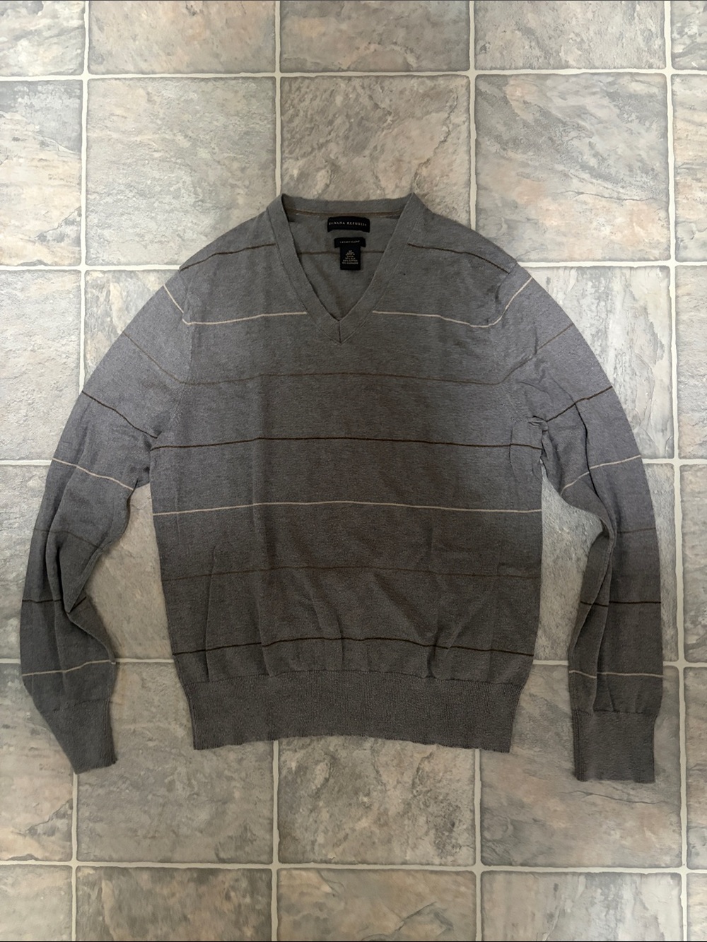 Banana Republic Men's Gray V-Neck Sweater with Thin Contrast Stripes